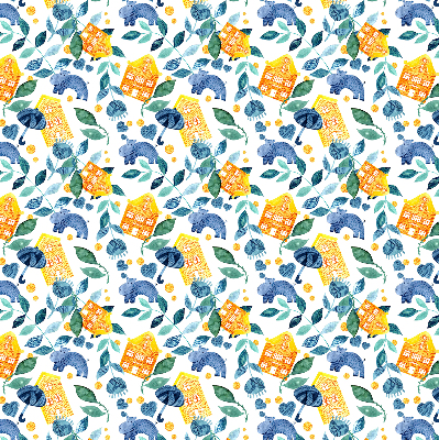 Rolgordijn verduisterend Gele huizen blauwe planten