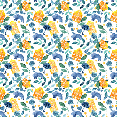 Rolgordijn verduisterend Gele huizen blauwe planten