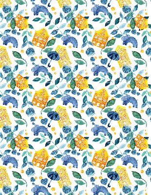 Rolgordijn verduisterend Gele huizen blauwe planten