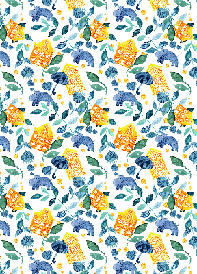 Rolgordijn verduisterend Gele huizen blauwe planten