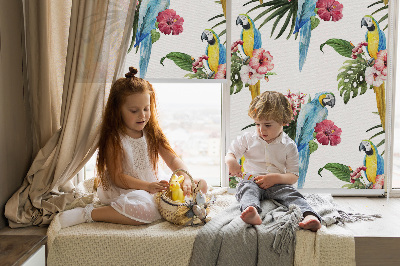 Rolgordijn voor het raam Papegaai op bloemen