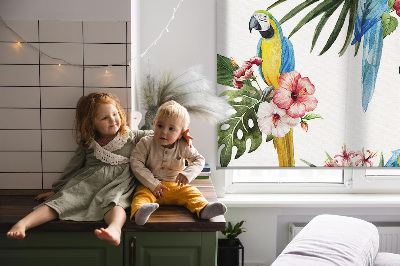 Rolgordijn voor het raam Papegaai op bloemen