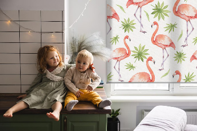 Rolgordijn voor het raam Flamingo en bladeren
