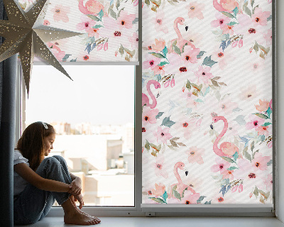 Rolgordijn voor het raam Flamingo's tussen de bloemen