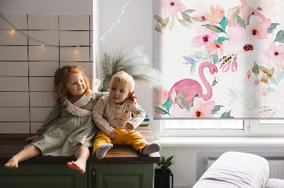 Rolgordijn voor het raam Flamingo's tussen de bloemen