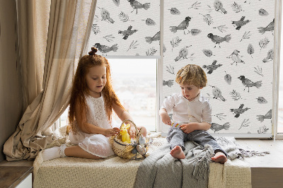 Rolgordijn voor het raam Getekende vogels en bladeren