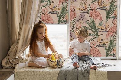 Rolgordijn verduisterend Flamingo's en bloemen