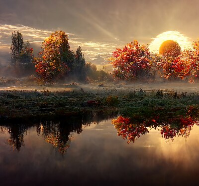 Rolgordijn voor het raam Zonsondergang achter de bomen
