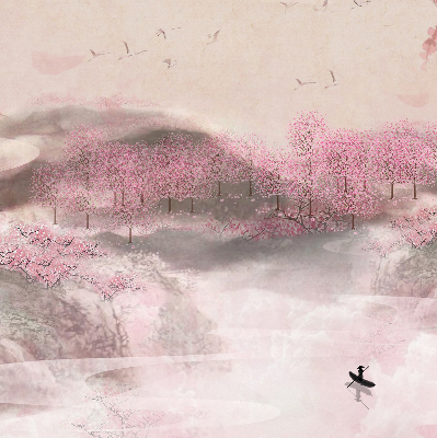 Rolgordijn voor het raam Kersenbloesemtuin