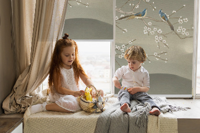 Rolgordijn voor het raam Vogels op een tak