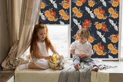 Rolgordijn verduisterend Bloemen en kraanvogels