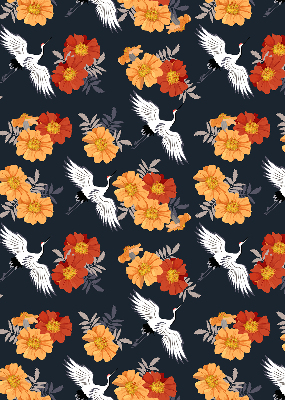 Rolgordijn verduisterend Bloemen en kraanvogels