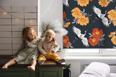 Rolgordijn verduisterend Bloemen en kraanvogels