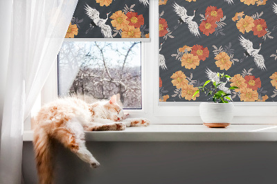 Rolgordijn verduisterend Bloemen en kraanvogels