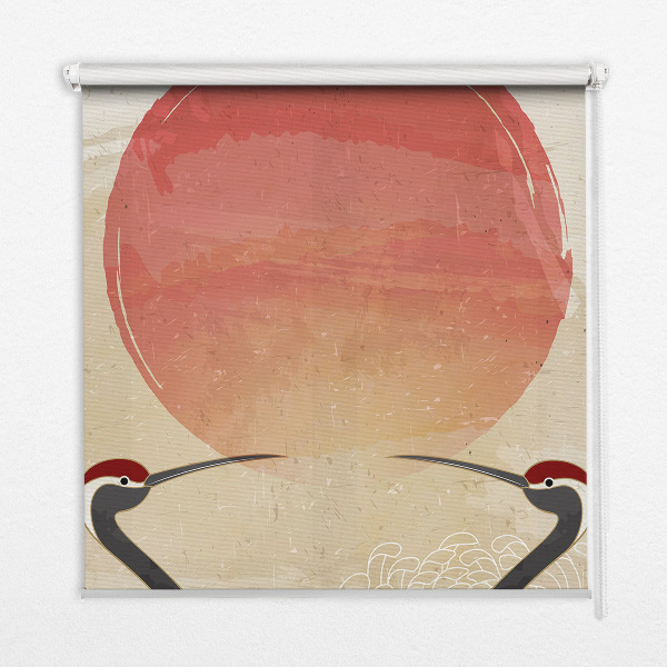 Rolgordijn voor het raam Kranen bij zonsondergang