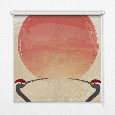 Rolgordijn voor het raam Kranen bij zonsondergang