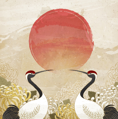 Rolgordijn voor het raam Kranen bij zonsondergang