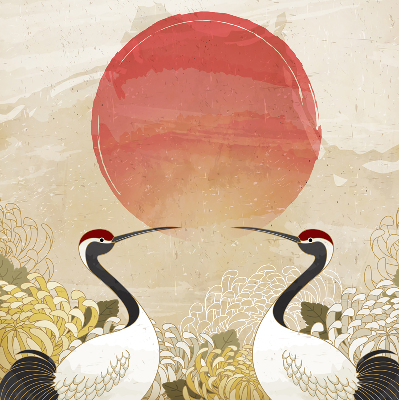 Rolgordijn voor het raam Kranen bij zonsondergang