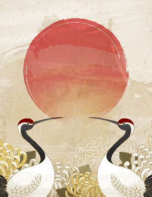 Rolgordijn voor het raam Kranen bij zonsondergang