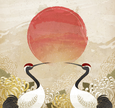 Rolgordijn voor het raam Kranen bij zonsondergang