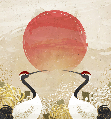 Rolgordijn voor het raam Kranen bij zonsondergang