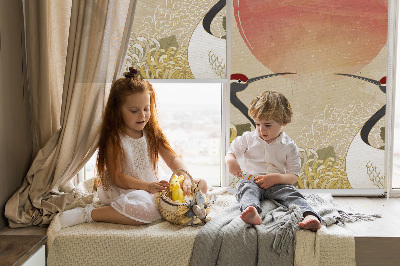 Rolgordijn voor het raam Kranen bij zonsondergang