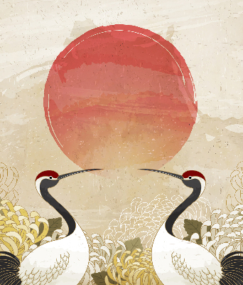 Rolgordijn voor het raam Kranen bij zonsondergang