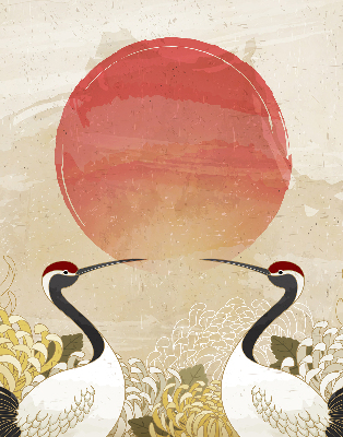 Rolgordijn voor het raam Kranen bij zonsondergang