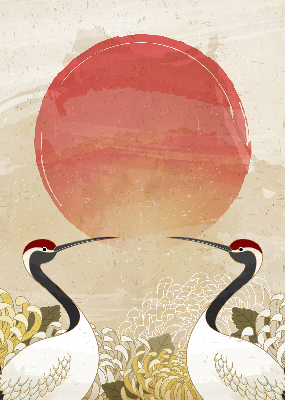 Rolgordijn voor het raam Kranen bij zonsondergang