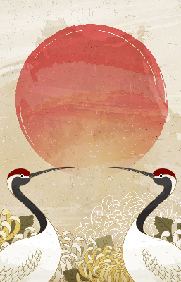 Rolgordijn voor het raam Kranen bij zonsondergang