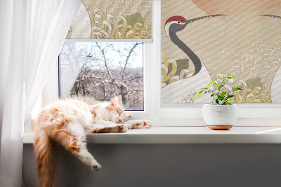 Rolgordijn voor het raam Kranen bij zonsondergang