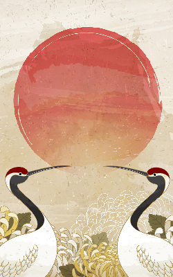 Rolgordijn voor het raam Kranen bij zonsondergang