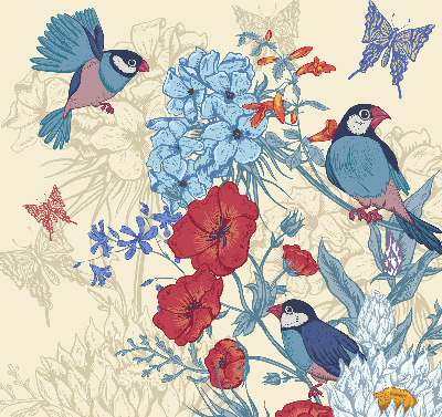 Rolgordijn voor het raam Vogels tussen de bloemen