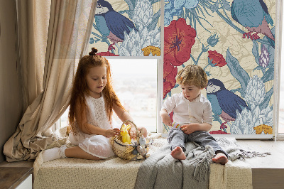 Rolgordijn voor het raam Vogels tussen de bloemen