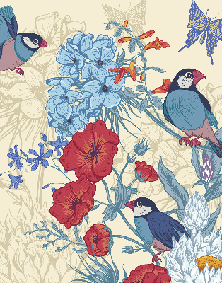 Rolgordijn voor het raam Vogels tussen de bloemen