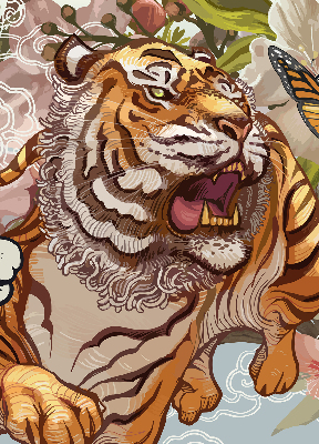 Rolgordijn voor het raam Tijger in bloemen