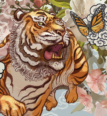 Rolgordijn voor het raam Tijger in bloemen