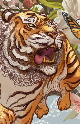 Rolgordijn voor het raam Tijger in bloemen