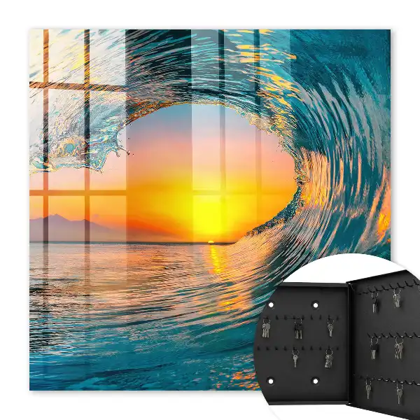 Wanddecoratie van een golf bij zonsondergang