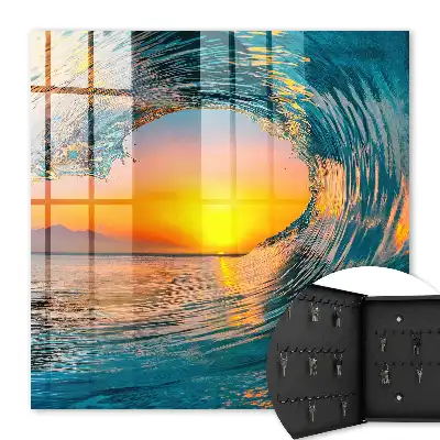 Wanddecoratie van een golf bij zonsondergang