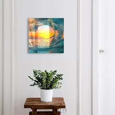 Wanddecoratie van een golf bij zonsondergang