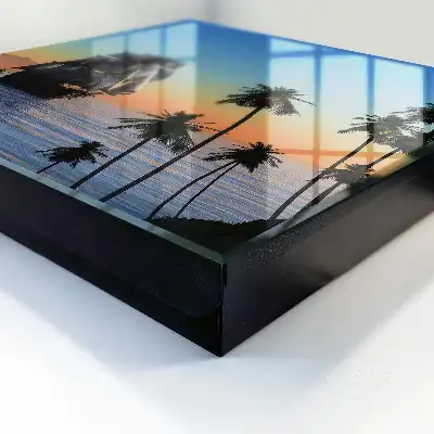 Zeilschip op zee met een palmboom bij zonsondergang