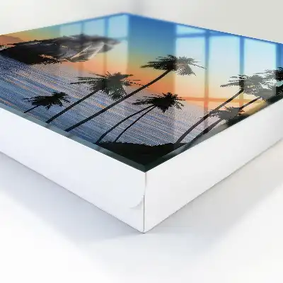 Zeilschip op zee met een palmboom bij zonsondergang