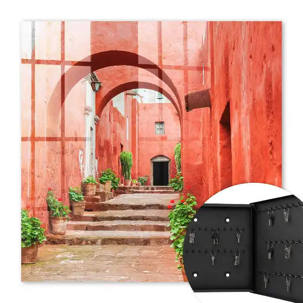 Rode straat met planten en trappen