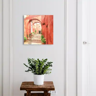 Rode straat met planten en trappen