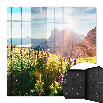 Een idyllisch berglandschap met bloemen en zon