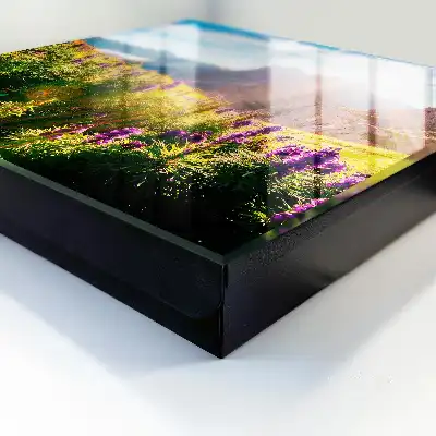 Een idyllisch berglandschap met bloemen en zon