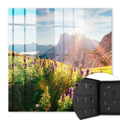 Een idyllisch berglandschap met bloemen en zon