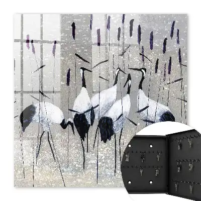 Kraanvogels en riet in een pastelkleurig landschap