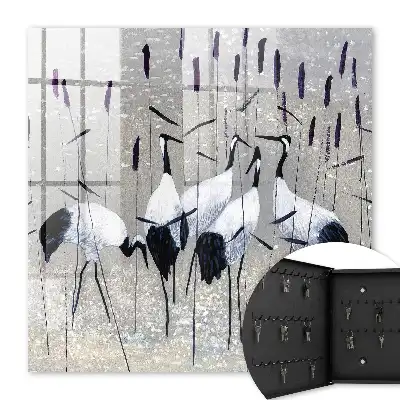 Kraanvogels en riet in een pastelkleurig landschap